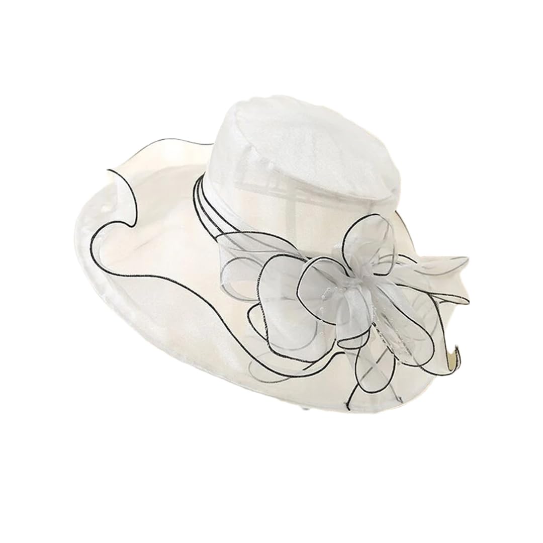 Yeuyyben Cappello da donna elegante con fiocco estivo in organza a tesa larga cappelli per protezione solare per donne chiesa matrimonio spiaggia cappello da sole pieghevole