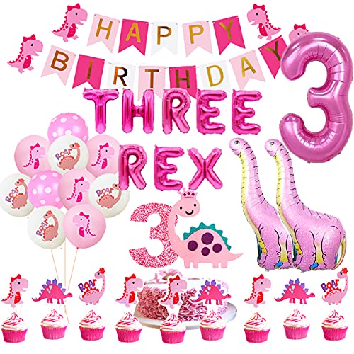 Pink Dinosaur Party Supplies For Girls 3rd Birthday Decorations Pink Three Rex Dinosaur Balloons Banner Dino Cake Topper Cupcake Toppers Girls 3rd Pink Dinosaur Decor