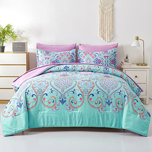 DHSFKBE Zestaw kołder King Size, 7-częściowy zestaw pościeli w torbie, Boho Aqua i Lilac Damask Medalion, kołdra z prześcieradłami, miękki komplet pościeli na cały sezon (Aqua, King)