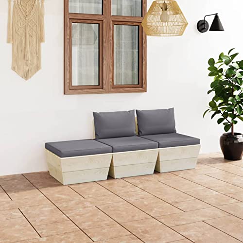 Homgoday Sofa palets Exterior Sofa palets Exterior con Cojines Muebles de jardín de palets 3 pzas y Cojines Madera de abeto2x centrales + reposapiésAntracita