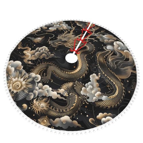Jupe de sapin de Noël dragon chinois noir 122 cm avec pompons - 4
