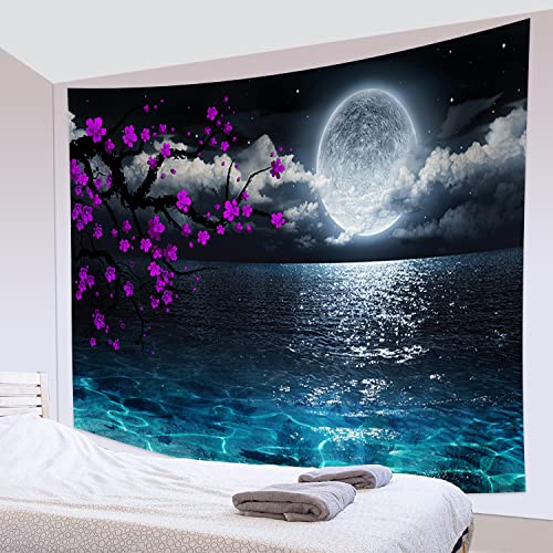 Moon Over Ocean Tapestry Japanese Tapestry Wall Hanging For Bedroom Purple Cherry Blossom Tapestry Night Sky Ocean Wall Tapestry Aesthetic Asian Anime Tapestries For Living Room Decor, 60X40 Inches #TOP3