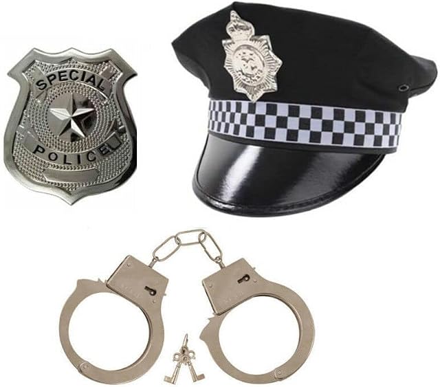 Adults Mens 3pc Set (Police Hat, Handcuffs & Badge) Policeman Peak Cap Fancy Dress Costume Accessory