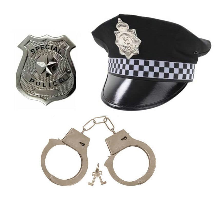 jokeshop Adults Mens 3pc Set (Police Hat, Handcuffs & Badge) Policeman Peak Cap Fancy Dress Costume Accessory