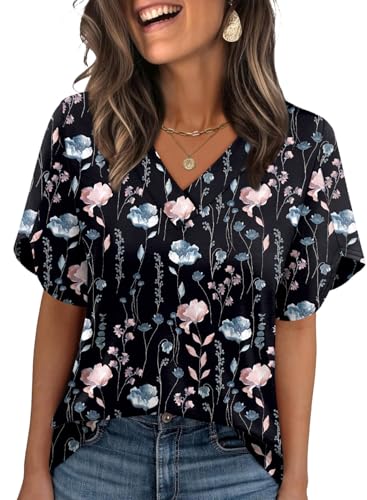 Image of WIHOLL Womens Summer Tops Short Petal Sleeve Shirts Fashion V Neck Womens Clothing