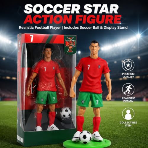 Image of SHAKTISM Football Star Player Action Figure Set, 22cm PVC Soccer Player Figurines with Ball & Display Base, Sports Collectible Model Toy for Kids, Room Decor & Gift Set (RonaldoFigure)