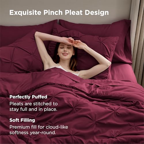 Image of Bedsure Queen Comforter Set Burgundy - Bed in a Bag Queen Size Bedding 7 Pieces, GentleSoft Pintuck Bed Set Gift for Family, All Season Down Alternative Comforter with Sheets, Pillowcases & Shams