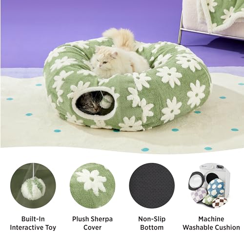 Image of Lesure Cat Tunnel Bed for Indoor Cats - Cute Cat Donut Tunnel Toys for Small Large Cats with Washable Circle Cushion, Round Pet Peekaboo Cave Toy for Kitten /Puppy /Rabbit, Standard Flower Garden Green