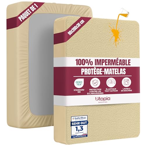 Utopia Bedding Protège Matelas 90 x 200 x 30 cm Imperméable, Certifié Oeko TEX, Alèse Drap Housse, Matelas Couvre, Respirant, Élastique Tout Autour Beige