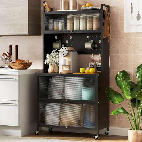 GOPLUS Étagère de Cuisine Rangement, Armoire Cuisine sur Roues Universelles, Portes Battantes, Crochets Supérieurs et Panneau Perforé, pour Salle à Manger...