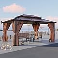 Aoxun 12'x16' Hardtop Gazebo, Aluminum Frame Permanent Pavilion with Curtains and Netting, Outdoor Polycarbonate Double Roof Canopy, Designed for Garden, Lawns, Patio