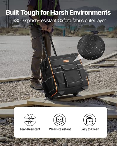 Image of VEVOR 15 inch Rolling Tool Bag, 110 lbs Load Capacity, 25 Pockets Heavy Duty Roller Tool Bag on Wheels, Adjustable Telescoping Handle & Stable Base, Toolbag Organizers w /Wheels for Construction, Mechanic