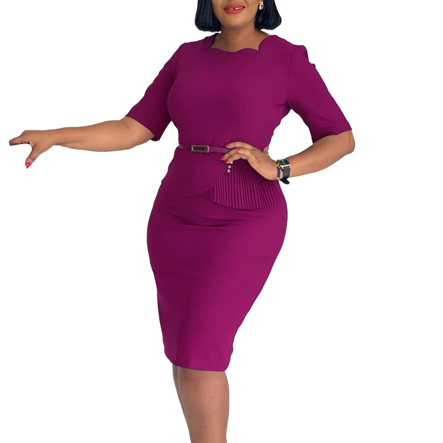 Elegant Bodycon Midi Dress Women Solid Half Sleeve Party Office Evening Mid Dresses with Belt