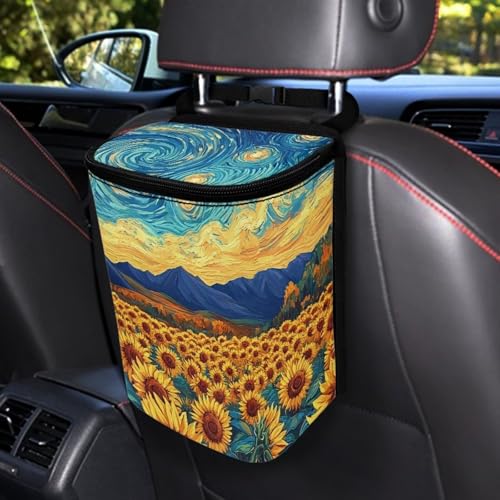 Image of Sunflowers Pattern Car Trash Can with Lid Car Trash Bag Bin Hanging Waterproof Garbage Cans Leak Proof Vehicle Trash Can Multipurpose Storage Container for Back Seat Road
