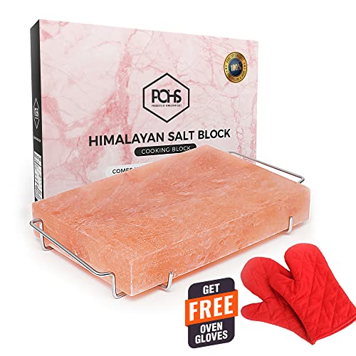 POHS Himalayan Rock Salt Block, 12' x 8' x 2' For Grilling, Cooking, BBQ, Hot and Cold Serving, Himalayan Salt Slab with Premium Quality Stainless Steel Holder and Free Gloves