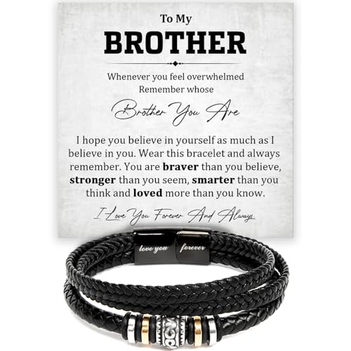 To My Brother Bracelet, Brother Bracelet From Sister, Brothers Bracelets Gift, Braided Leather Stainless Steel Bracelets Gifts For Brothers With Message Card & Box For Wedding Birthday Christmas