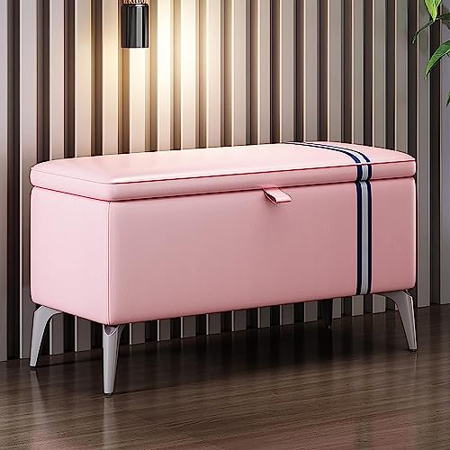 SdaryWare Banco otomano de Cuero Moderno con almacenaje, Banco Rectangular para Zapatos de Entrada con Asiento Acolchado, baúles de Madera Maciza, Banco multifunción, Col,Pink-90x35x45cm