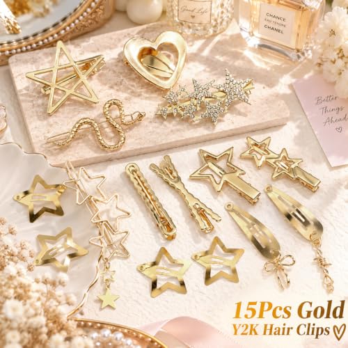 Image of MAYCREATE 15Pcs Gold Y2K Snap Hair Clips Heart Star Metal Barrettes Girls