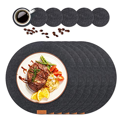 12er Set Premium Tischset Platzset aus Filz, 6 Rund Platzsets mit 6 Untersetzer Abwaschbar Hitzebeständig und rutschfest Tischuntersetzer Platzdeckchen für Küche, Partz, Hochzeit (Dunkelgrau) Cover
