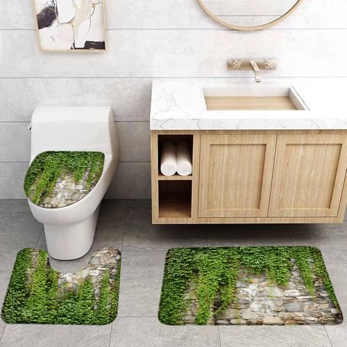 VPUPCN Brick Wall 3 Pcs Bath Rugs Set,Green Leaf Ivy Plant Rustic Marble Rocks Stone Wall Natural Farmhouse Botanical Bathroom Kitchen Rug with 16