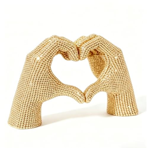 OWADAR Sparkling Beaded Gold Heart Hands Statue, Love Finger Sculpture for Home Decor, Modern Aesthetic Figurine Shelf Decor for Living Room Office Desktop Bookshelf Ornament, Wedding (Gold)