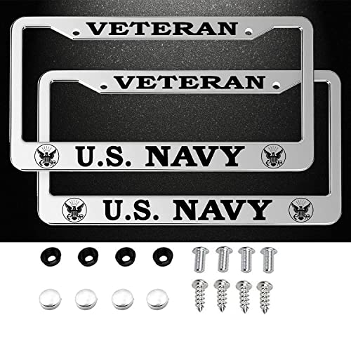 2 PCS for US Navy Veteran License Plate Frames Silver Aluminum License Plate Holder for USN License Plate with Screw Set
