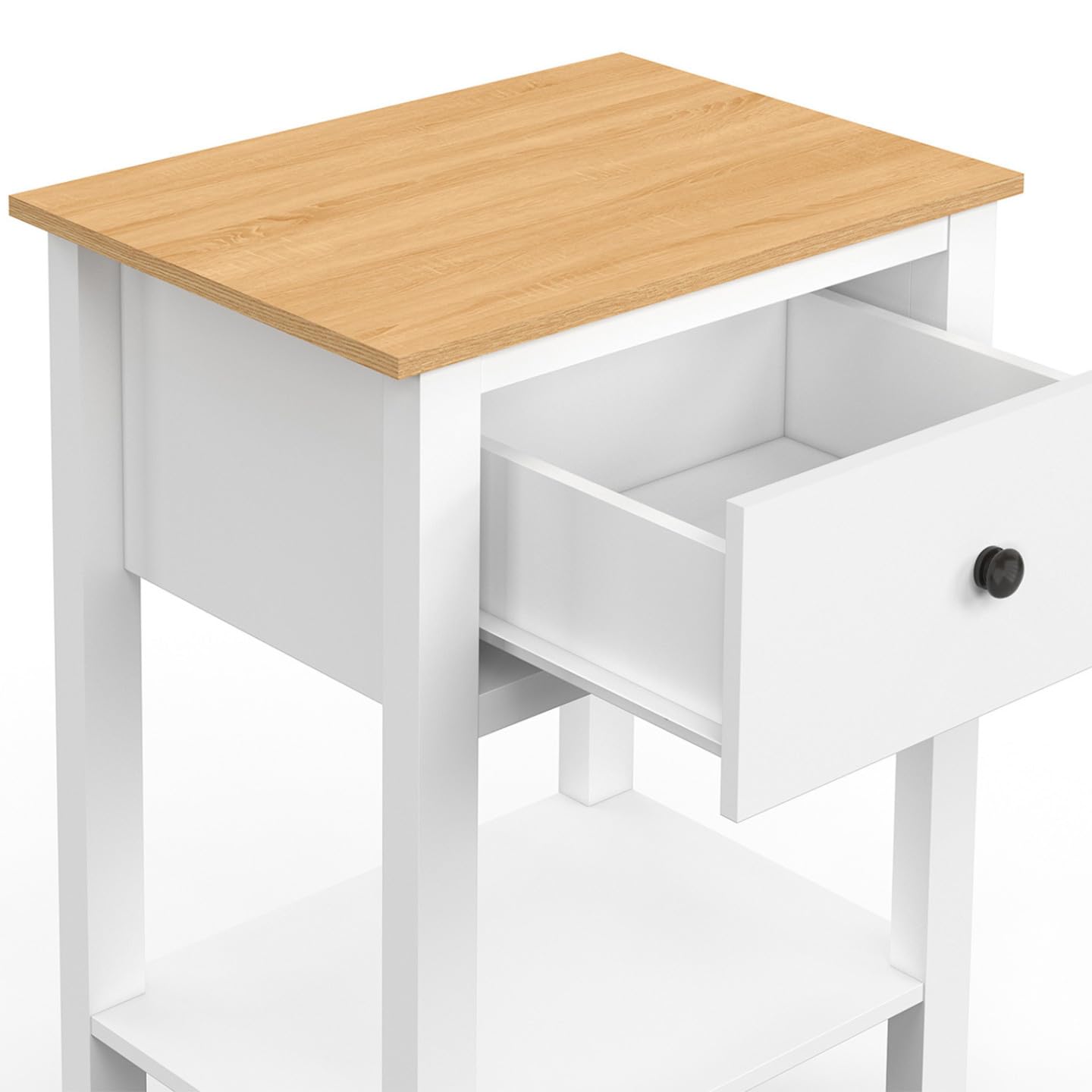 IDMarket – Juego de 2 mesillas de noche Achille con 1 cajón, 1 estante y bandeja, color blanco y tablero de madera