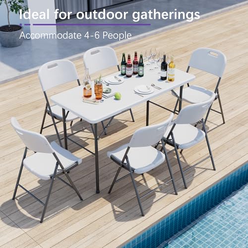 VECELO Folding Table 4 Foot with Mesh Bag, Indoor Outdoor Heavy-Duty Portable w/Handle,Fold-in-Half for Picnic, Party, Camping, White - Thumbnail 2