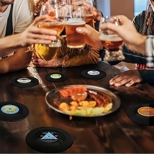 Miniatura 7 de Paquete de 6 posavasos retro para discos de vinilo, antideslizantes, aislantes, protección decorativa para habitación y mesa, decoración de fiestas