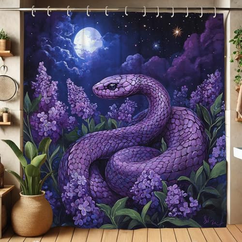 Cortina de ducha de serpiente púrpura, diseño artístico floral púrpura lila para decoración de baño, cortina de tela impermeable de otoño e invierno con ganchos 183 x 183 cm