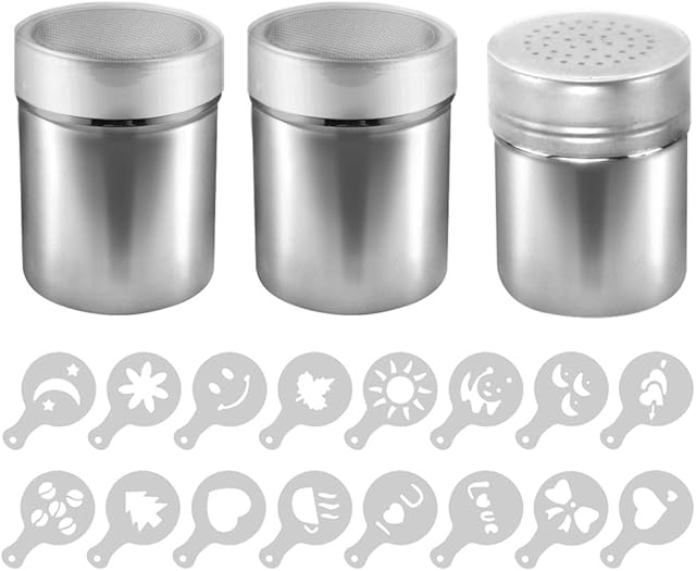 AIFUDA 3 Pack Stainless Steel Powder Shaker with 16 pcs Printing Molds Stencils, Powder Cans with Mesh for Coffee Cappuccino Latte, Dredge Shaker with Hole for Kitchen, Restaurants