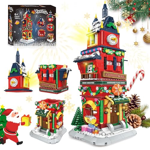Christmas Countdown Tower House Building Toys - LED Light Christmas Village House Building Set with Countdown Clock, Festival Model Gift Idea for Kids 6+