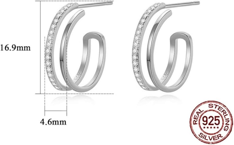 925 Sterling Silver 18K Gold Plated Faux Double Hoop Hidden Stud Earrings with Cubic Zirconia, Nickle Free Hypoallergenic for Sensitive Skin