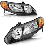 LBRST Headlight Assembly For Honda Civic Sedan 4-Door 2006-2011 Black Housing Amber Reflector Clear Lens Driver and Passenger Side Headlamp