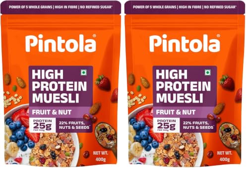 Image of Pintola 25g High Protein Muesli, Fruit & Nut, 400g | Gluten-Free, Naturally Sweetened with Organic Jaggery & Dates, 22% Fruits, Nuts & Seeds, No Refined Sugar, Healthy Breakfast Cereal (Pack of 2)