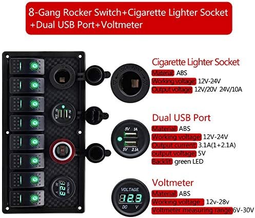 CT-CARID 8 Gang LED Toggle Rocker Switch Panel,12V/24V Digital Voltage Display Dual USB Charger Port Waterproof for RV,Boats,Cars(Green)