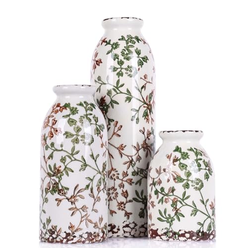 Green Ceramic Vase Set of 3 - Modern Rustic Farmhouse Style, Decorative Vases for Dining Table, Shelf, Bedroom, Living Room, Kitchen, Office, Bathroom, Mantle, Centerpiece Décor (Green)