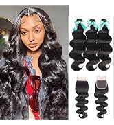 ALLRUN Body Wave 3 Bundles with Closure 100% Unprocessed Brazilian Body Wave Human Hair Bundles w...