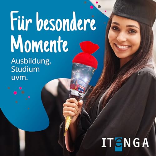 itenga Geschwister Schultüte Feuerwehr Zuckertüte mit Filzverschluss - Feuerwehrauto und Feuer - Schule Einschulung Schulanfang 35cm