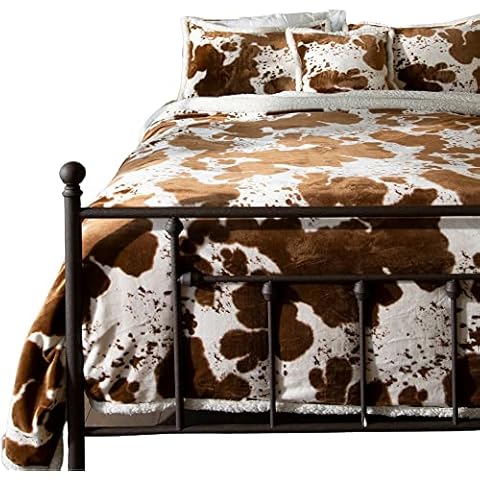Linen Mart Cowhide Sherpa Plush Lodge Fleece Blanket - 3 Piece Set (Queen (U.S. Standard)) Cover