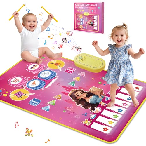 Piano Mat Toddler Baby Girl Toys, 3-in-1 Piano Drum Kids Musical Play Mat Infant Music Toys 12-36 Months, Baby Birthday Gifts Early Learning Toy for 1 2 3 Years Old Boy Girls