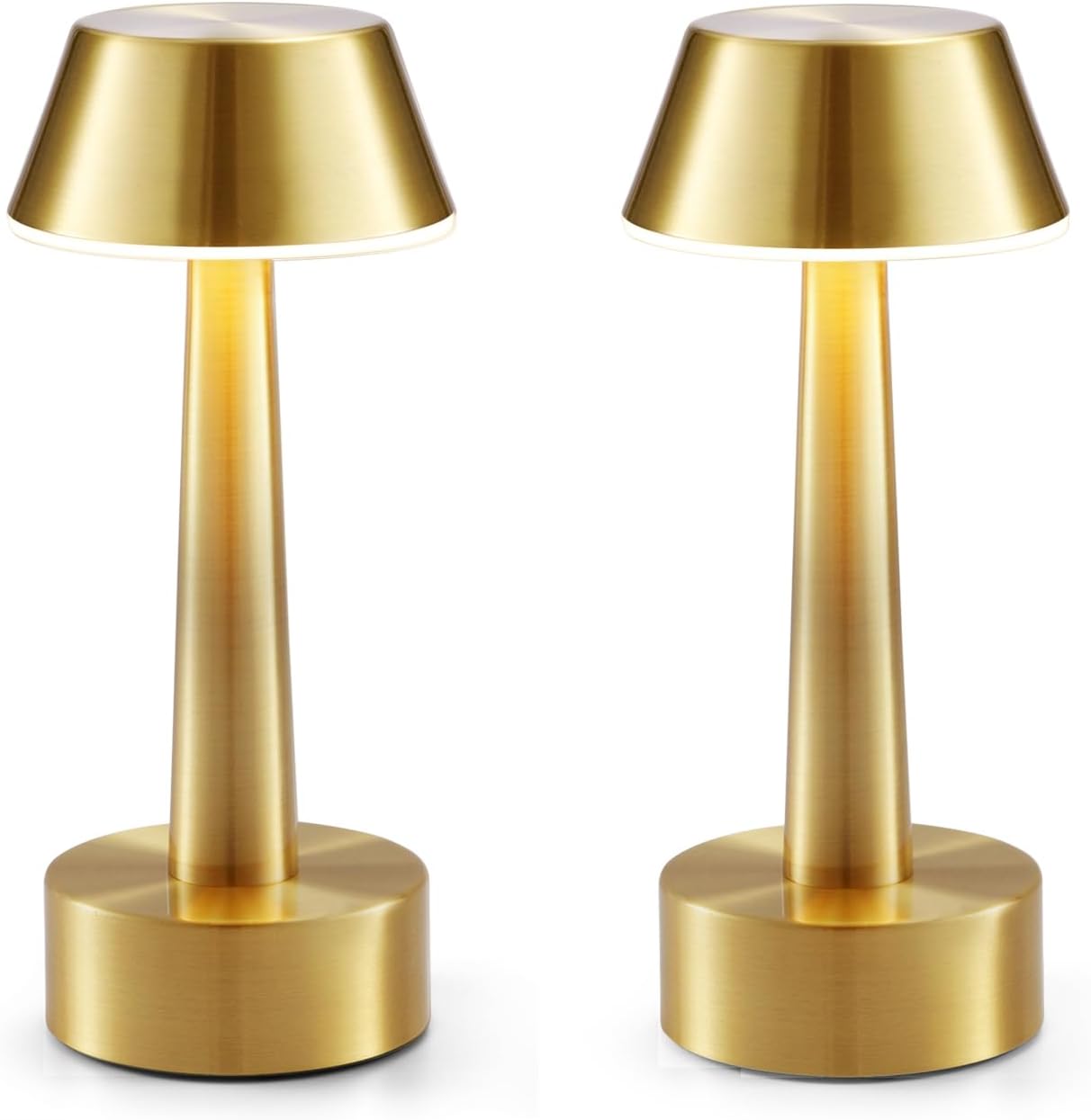 2 Pack Small Cordless Table Lamp, Battery Operated Gold Lamp for Restaurant Dinner Table, Rechargeable 3-Way Dimmable Touch Light Portable Metal Night Light for Bedside Dining Room Patio Bar Outdoor