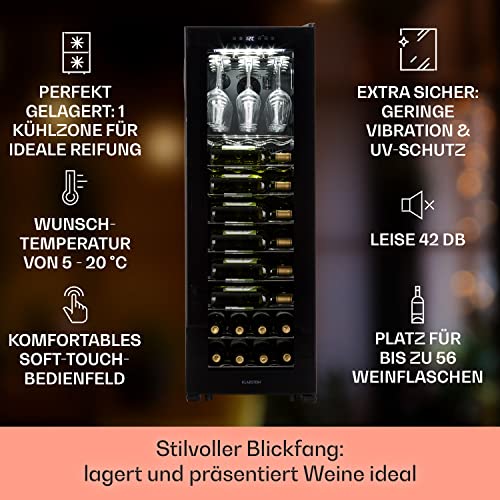 Klarstein Weinkühlschrank, Getränkekühlschrank Schmal, 1 Zone Kühlschrank mit Glastür, Getränkekühlschränke Freistehend, Weinkühlschrank Klein, Weinkühlschränke mit UV-Schutz, 5-20 °C, 56 Flaschen