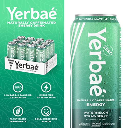 Yerbae Energy Beverage - Watermelon Strawberry, 0 Sugar, 0 Calories, 0 Carbs, Energized By Yerba Mate, Plant-Based, Healthy Alternative To Sugary Energy Drinks, 16Oz Cans (12 Pack) #TOP5