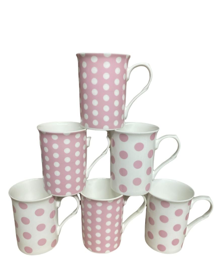 Set of 6 Fine Bone China Spotty Mugs Polka Dot Pink & White Coffee Tea Cups, Lightweight Dishwasher & Microwave Safe 300ml Mug Gift Set