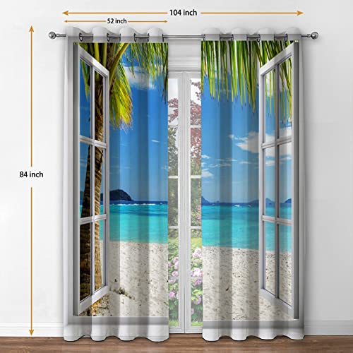 Jekeno Ocean Beach Palm Trees Blackout Curtains Summer Tropical Island Decor Seaside White Wooden Window View Print Grommet Window Drapes For Bedroom Living Room 2 Panel Set, 52"X84" #TOP1