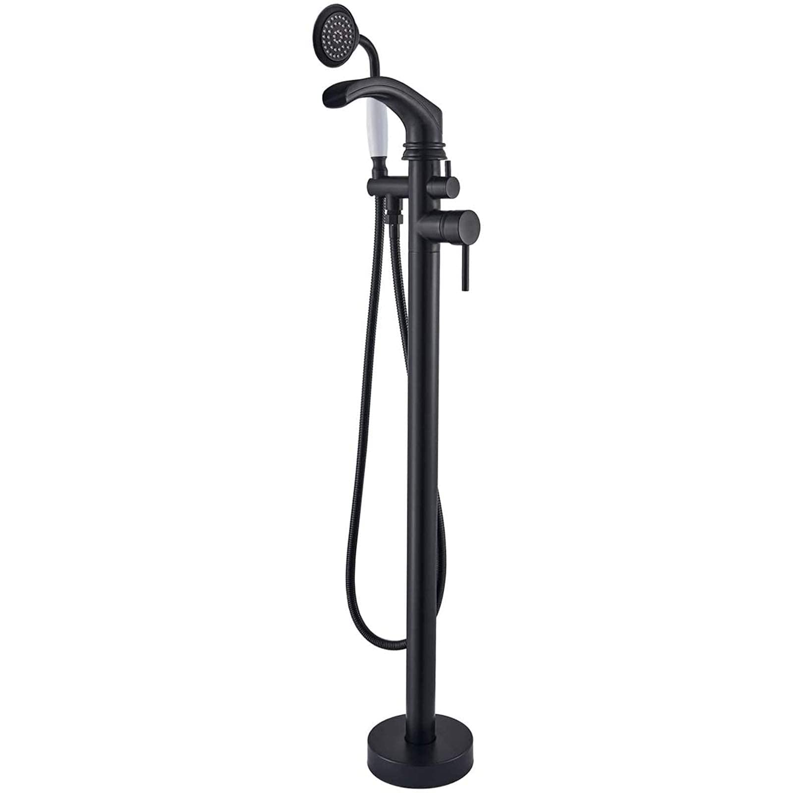 SnamicE Waterfall Bathtub Faucet with Hand Shower, Floor Mounted Tub Filler Faucet, Single Handle Bathroom Tub Mixer Tap, Freestanding Bathtub Faucet,Black,