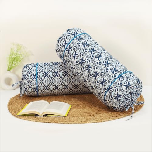 Image of AURAVE Cotton 144 TC Printed Bolster Cover with Drawstring Closure, Set of 2, Soft Breathable Durable Machine Washable for Sofa Bed & Home Decor, 15 inchx30 inch, Blue | Cover Only