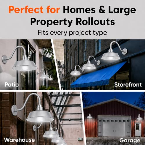 Image of 14in. Galvanized Finish Outdoor Gooseneck Barn Light Fixture with 14.5 in. Long Extension Arm - Wall Sconce Farmhouse, Vintage, Antique Style - UL Listed - 9W 900lm A19 LED Bulb (5000K Cool White)