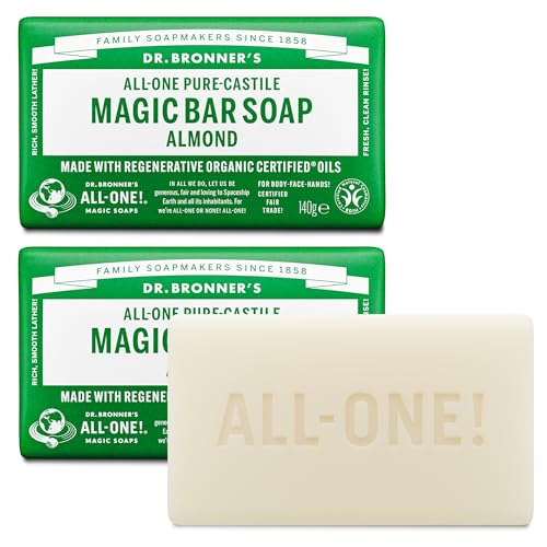 Dr Bronner's 3-in-1 Almond Pure Castile Bar Soap, Made with Organic Oils, Used for Face, Body and Hair, Certified Fair Trade & Vegan Friendly, 140g Bar